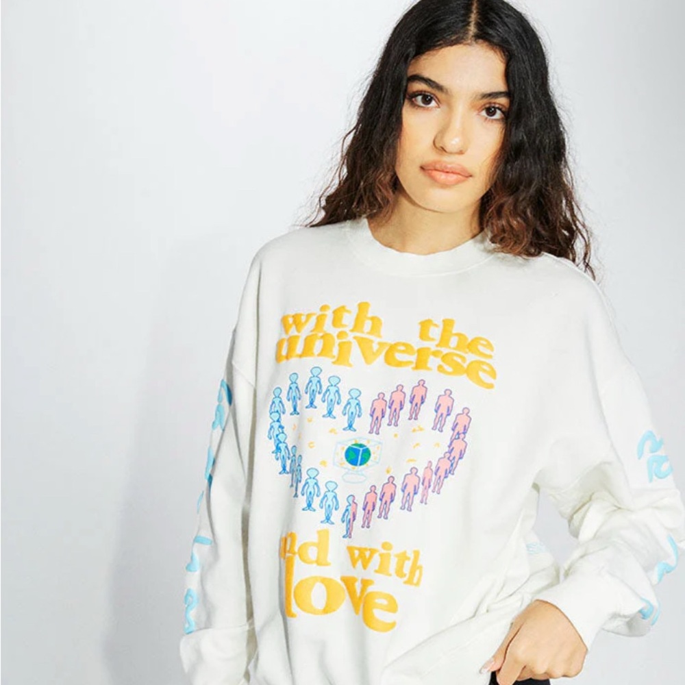Blue and White Crewneck Sweater with Graphic Design